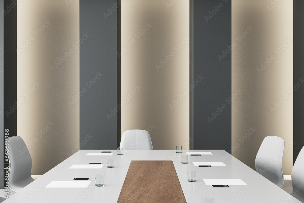 Close up of table in contemporary meeting room interior with light wall. 3D Rendering.