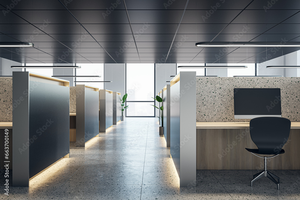 Modern coworking office interior with partitions and workplaces, window with city view and daylight. 3D Rendering.