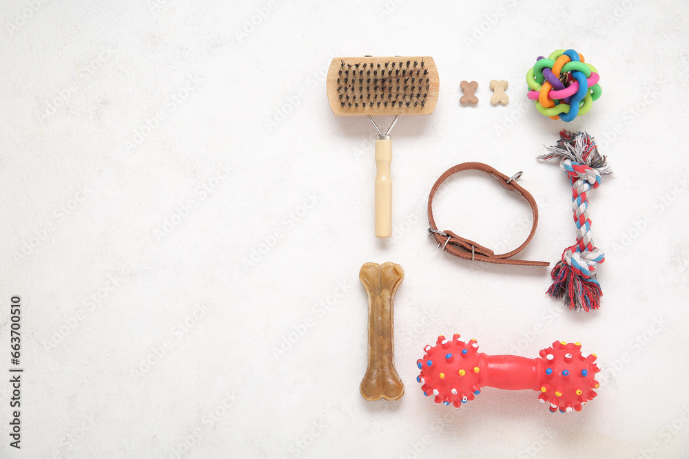 Composition with pet care accessories on light background