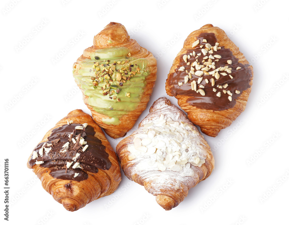 Tasty sweet croissants isolated on white background