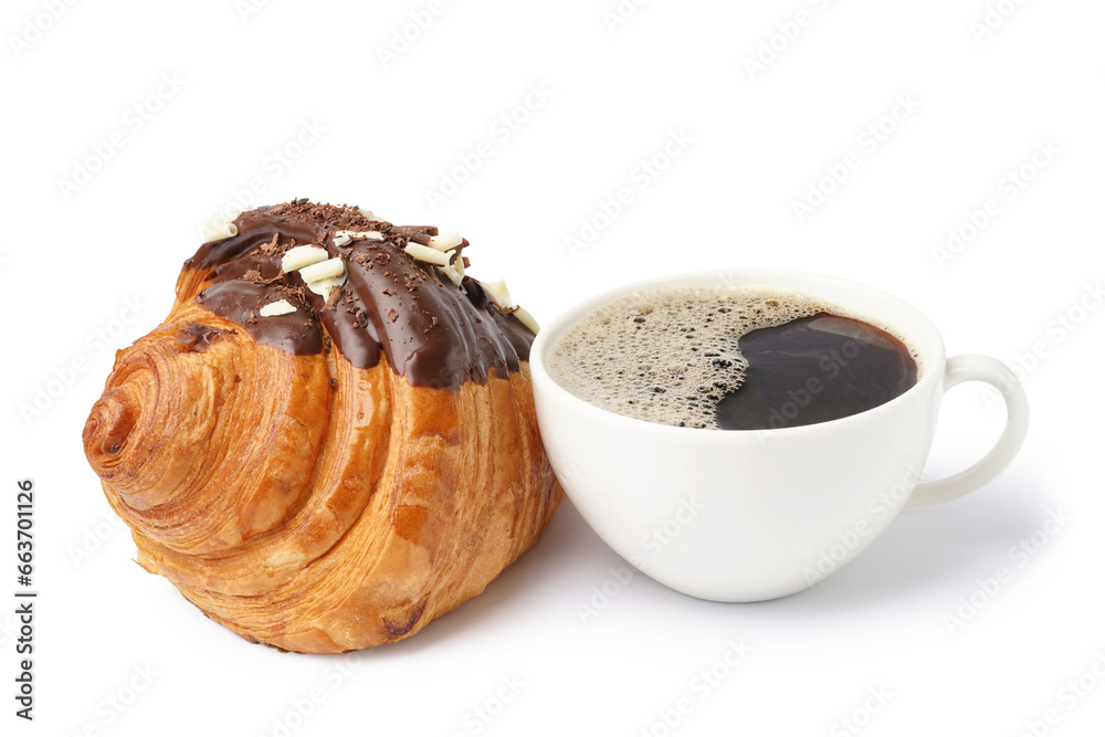 Tasty sweet croissant and cup of coffee isolated on white background