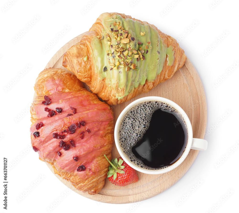 Wooden board with tasty sweet croissants and cup of coffee isolated on white background