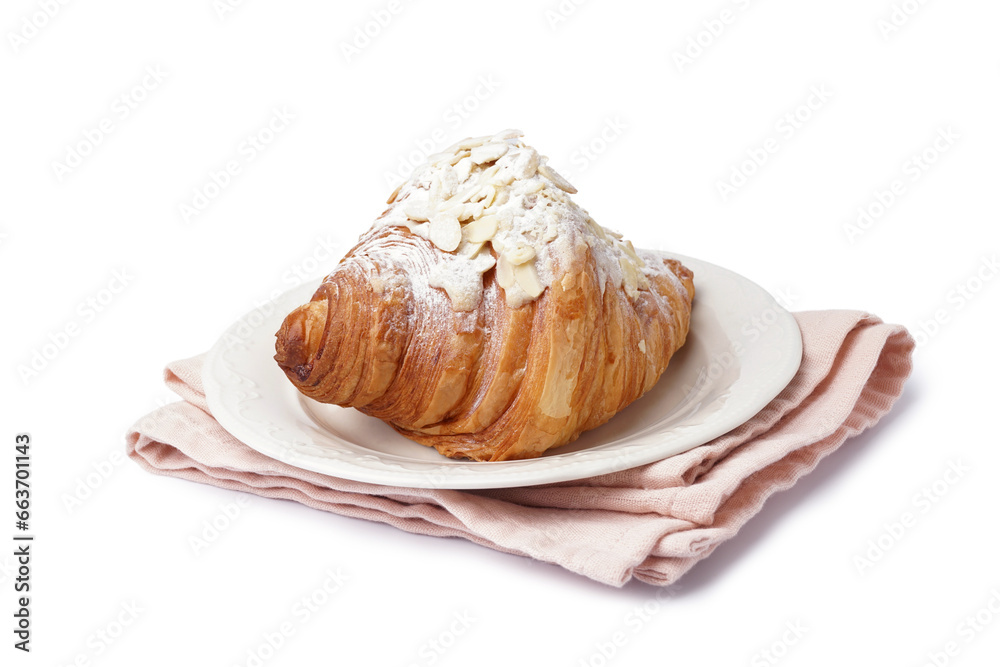 Plate of tasty sweet croissant isolated on white background