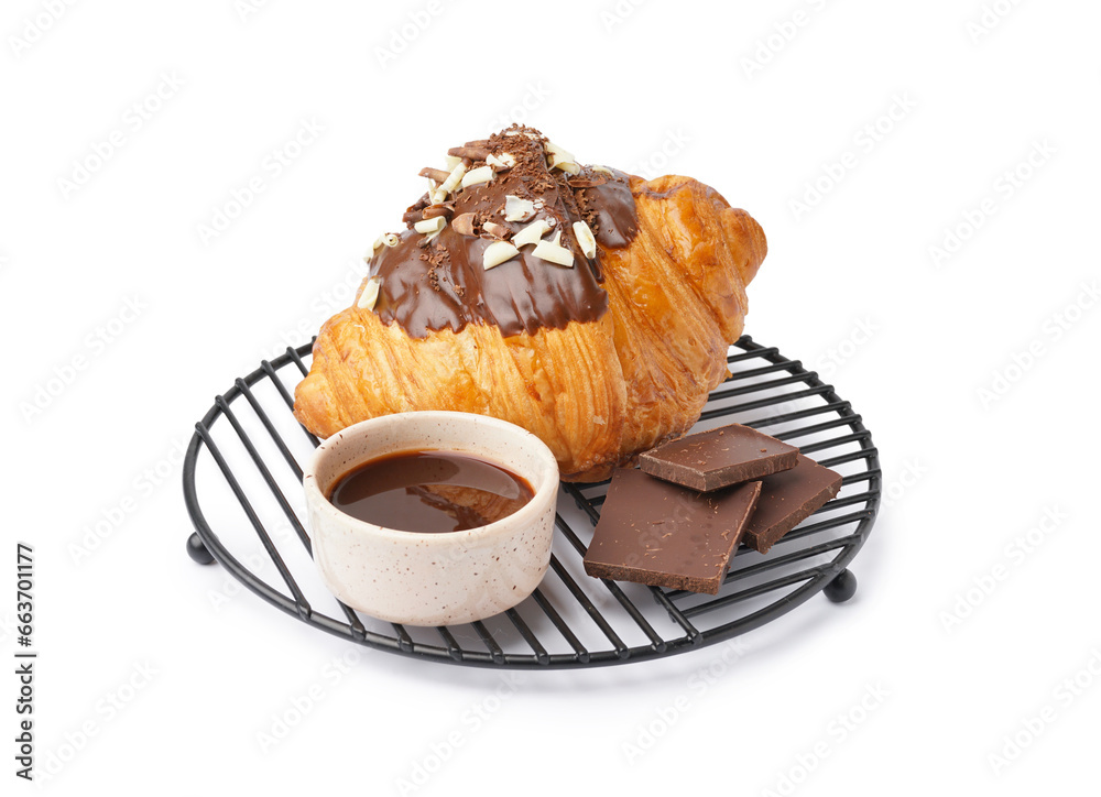 Grid of tasty sweet croissant with chocolate and nuts isolated on white background