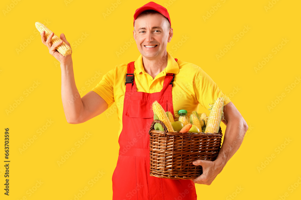 Mature male farmer with wicker basket full of different ripe vegetables on yellow background