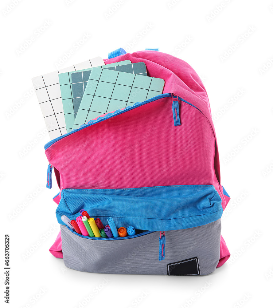 Stylish school backpack with different stationery on white background