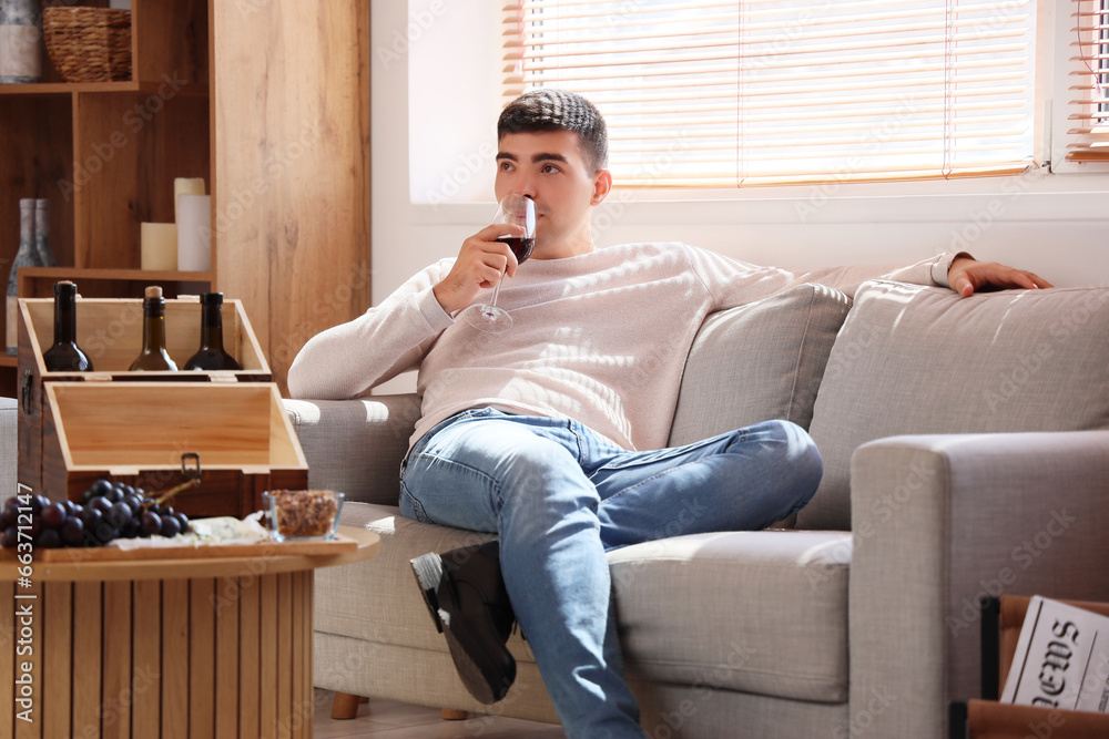 Young man with glass of red wine sitting on sofa at home