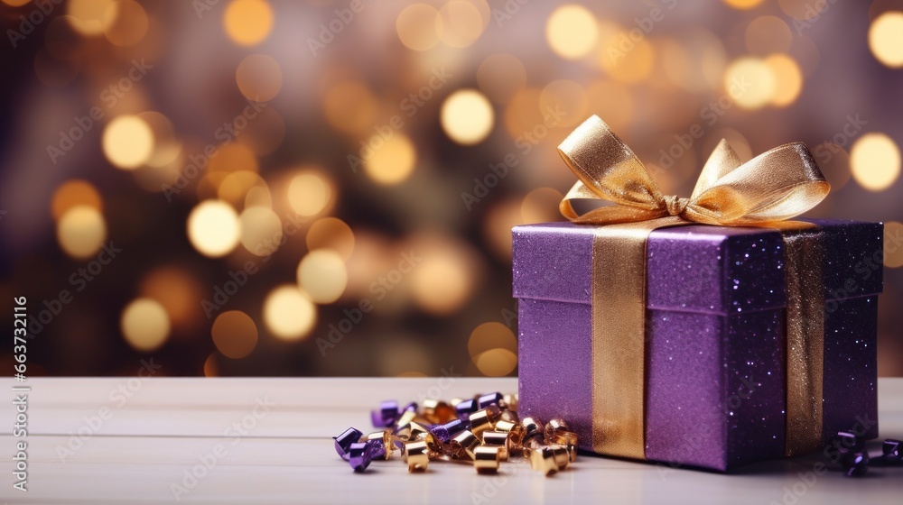 Christmas violet gift boxes with gold bow on defocused holiday background with copy space