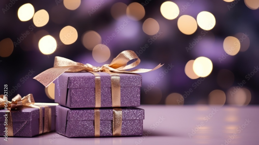 Christmas violet gift boxes with gold bow on defocused holiday background with copy space