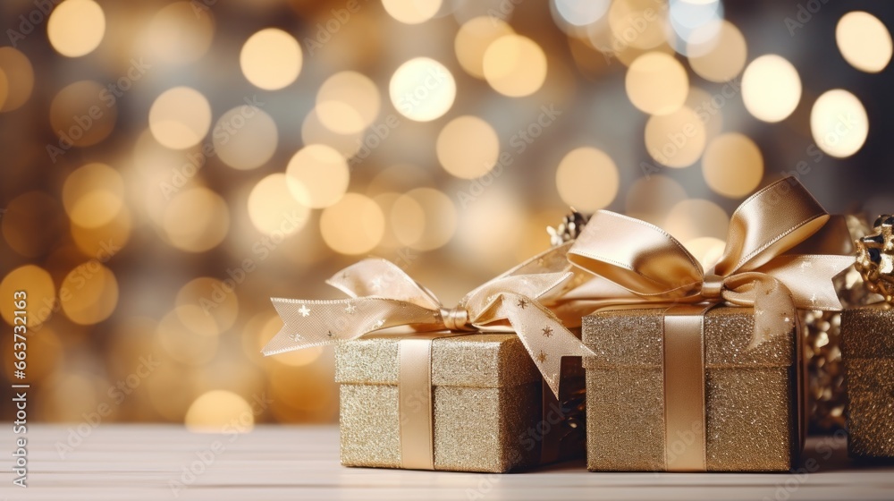 Christmas gift boxes with gold bow on defocused holiday