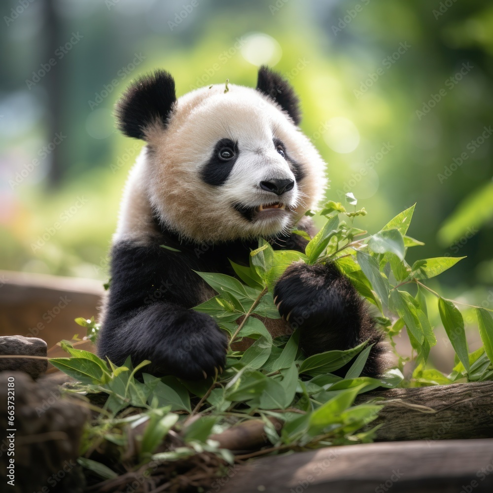 A panda sitting on a rock munching on bamboo leaves