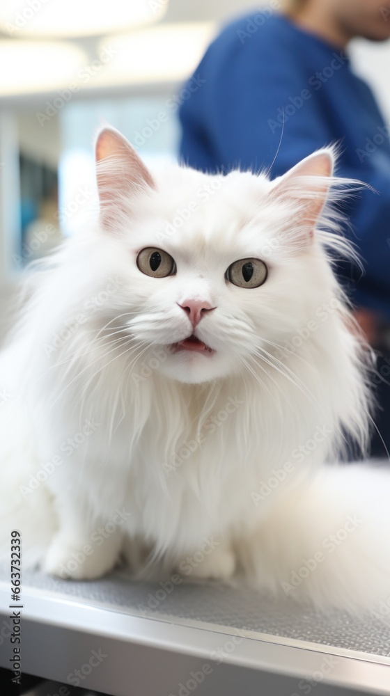 Fluffy white cat enjoying a grooming session with a smiling owner.