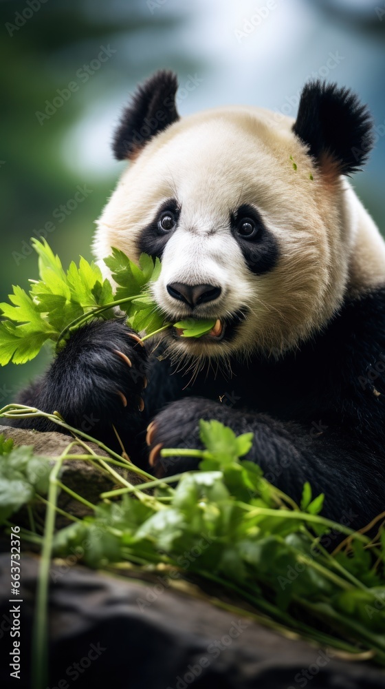 A panda sitting on a rock munching on bamboo leaves