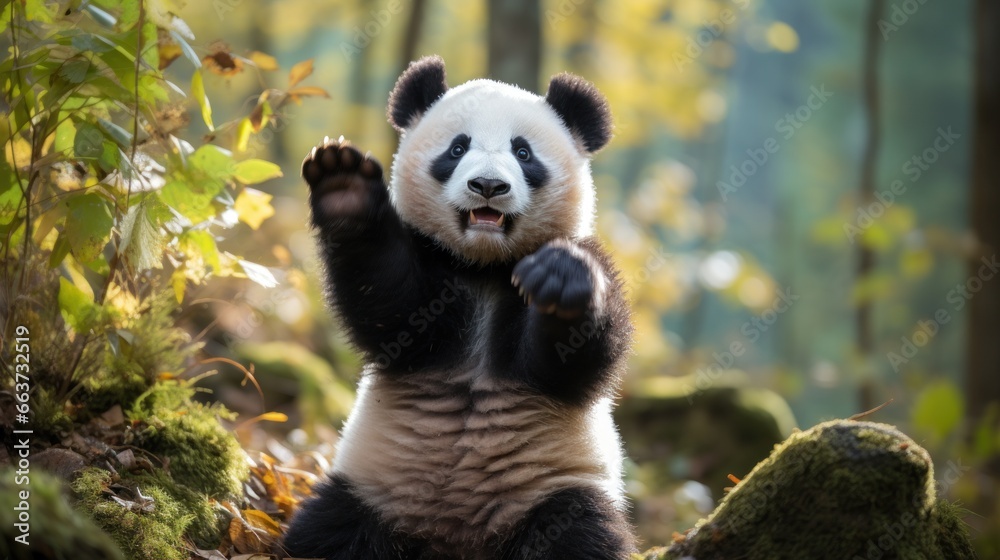 A panda standing on its hind legs, reaching up to grab some bamboo