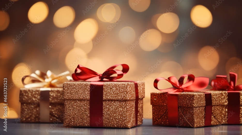 Christmas red gift boxes with gold bow on defocused holiday background with copy space