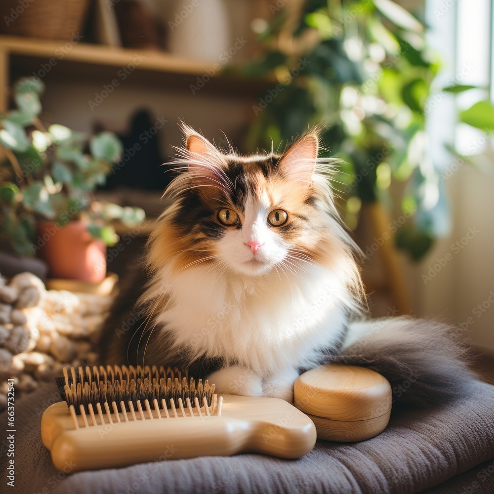 Cute calico cat being combed with a wooden brush in a cozy setting