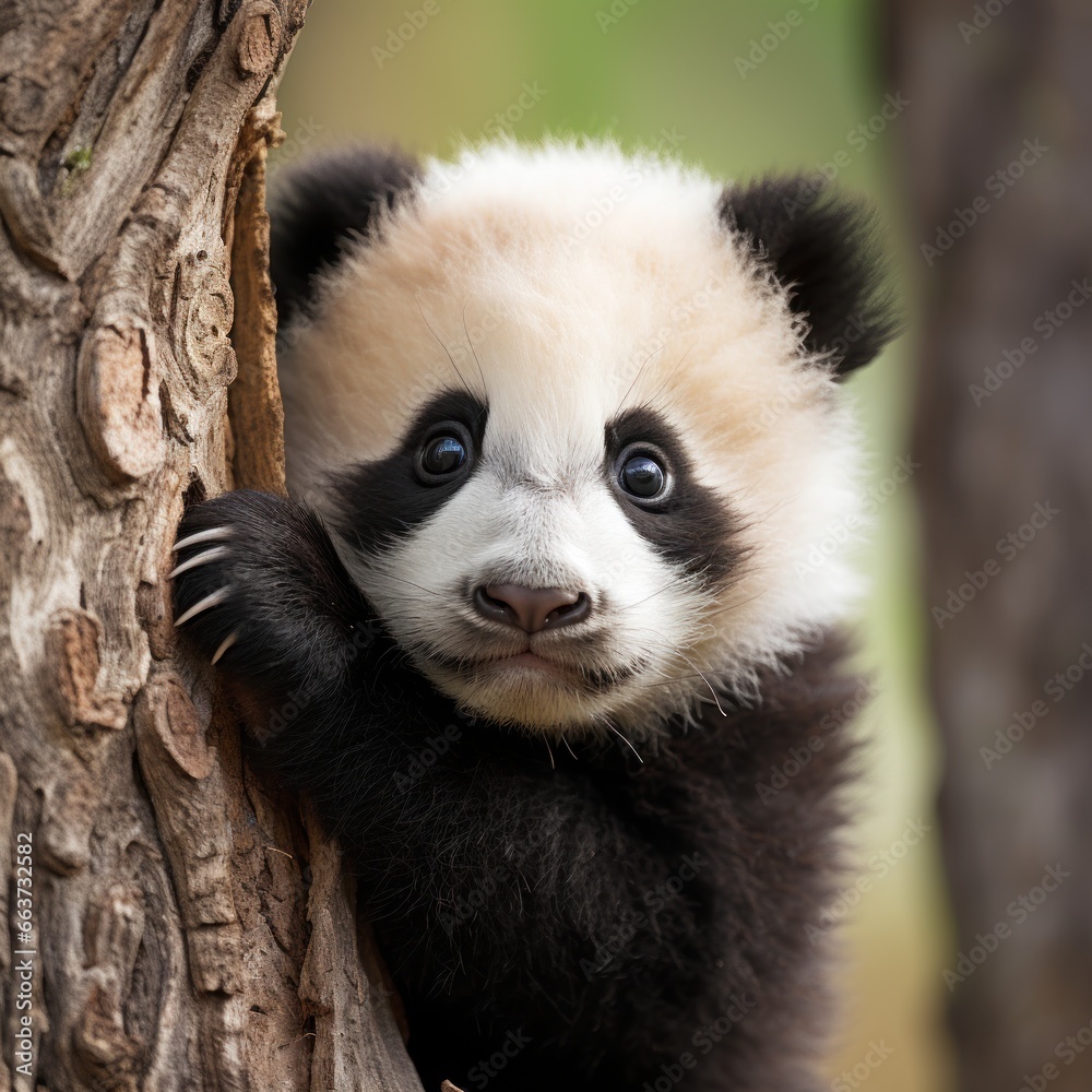 A panda cub peeking out from behind a tree trunk, looking curious