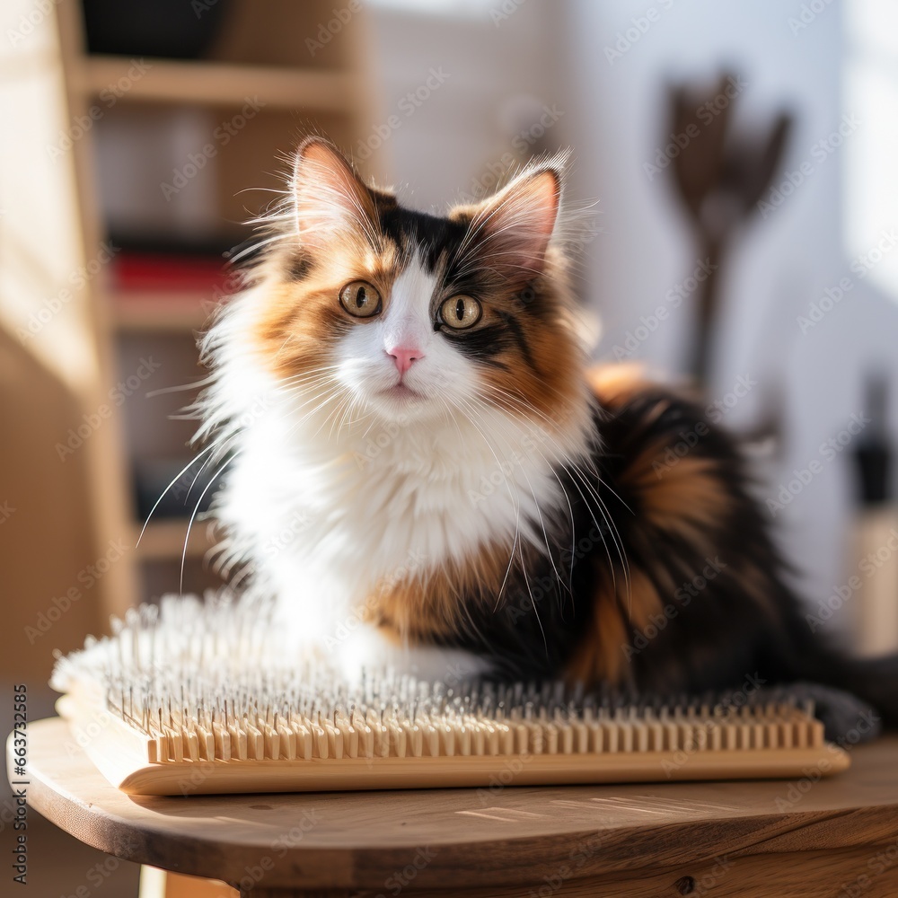 Cute calico cat being combed with a wooden brush in a cozy setting