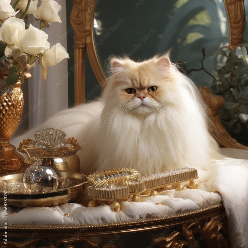 Regal Persian cat being brushed with a golden comb in a luxurious setting