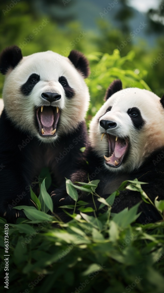 Two pandas playfully wrestling in a grassy field