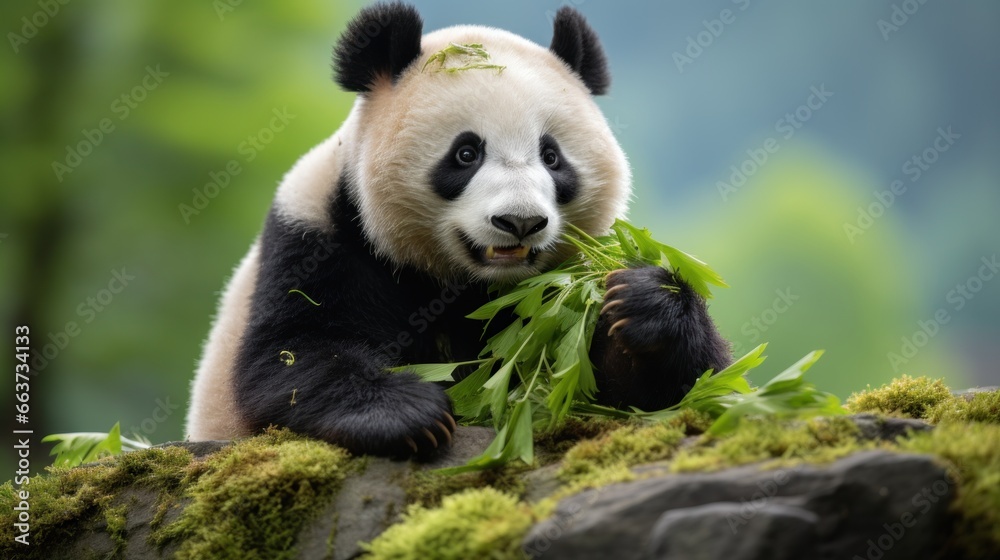 A panda sitting on a rock munching on bamboo leaves