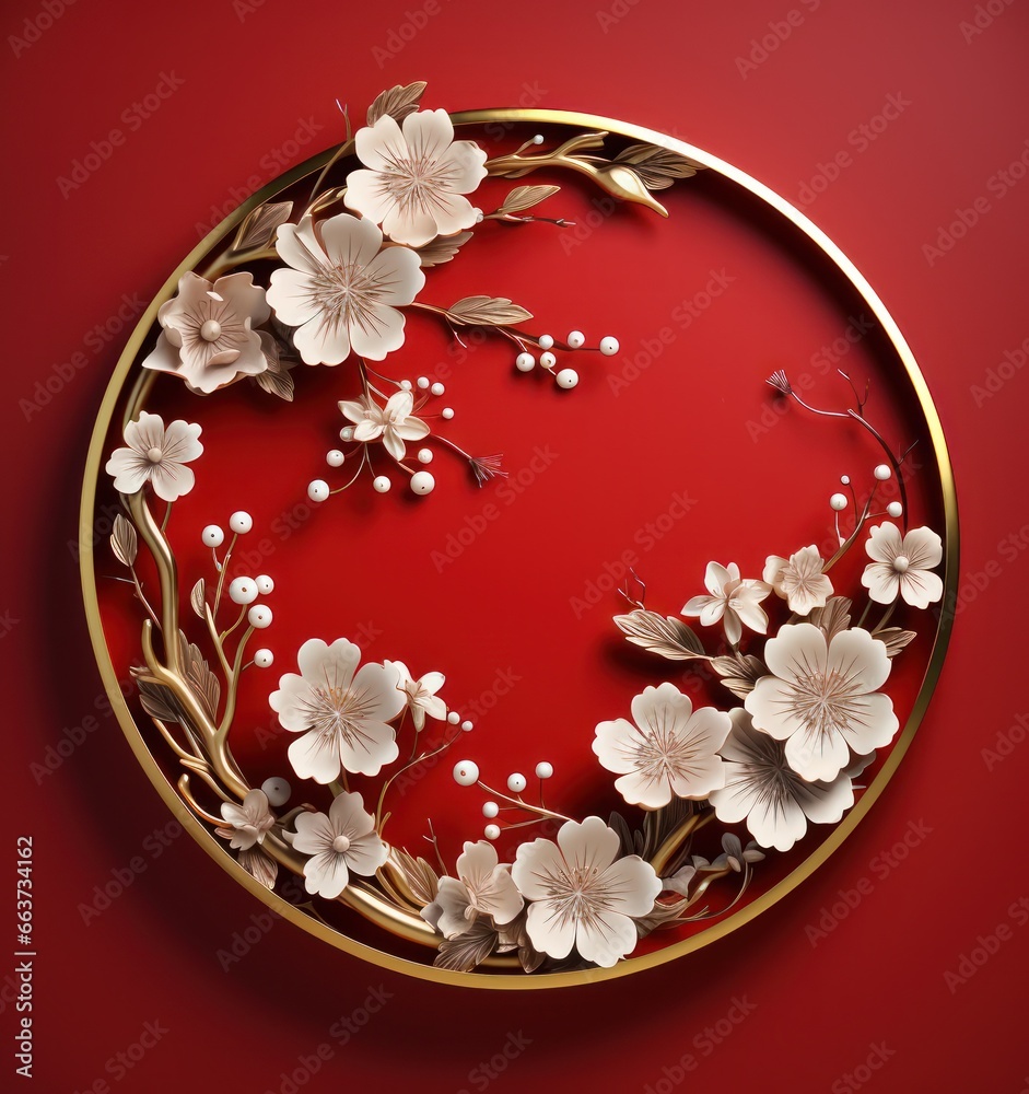 gold frame with floral decoration on red background