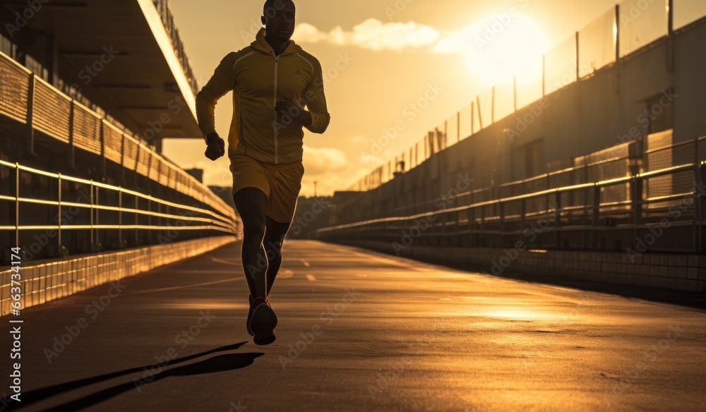 runner at the racing track setting a time against the sun