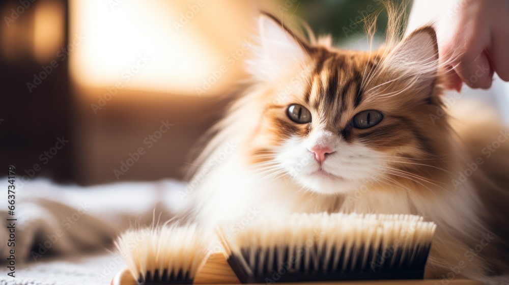 Cute calico cat being combed with a wooden brush in a cozy setting