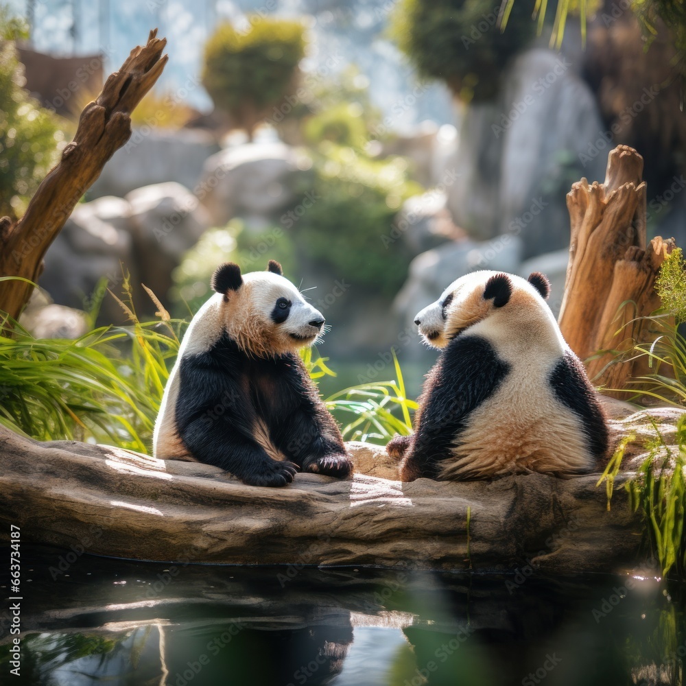 Two pandas sitting together looking content and relaxed