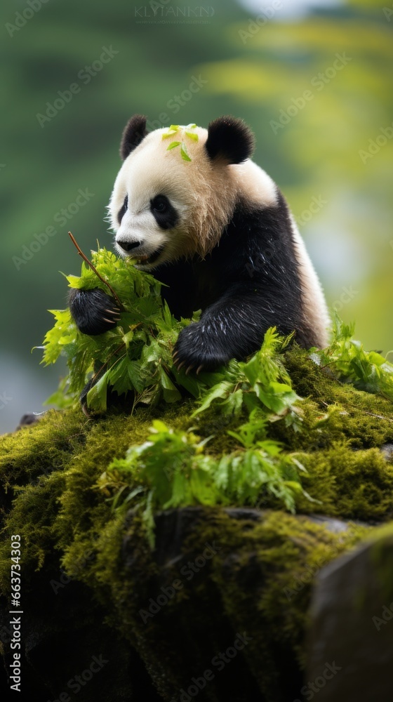 A panda sitting on a rock munching on bamboo leaves