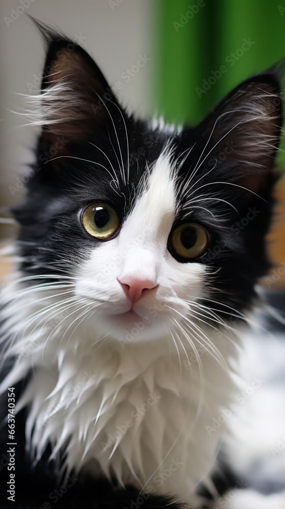 Furry black and white cat getting pampered by a gentle hand