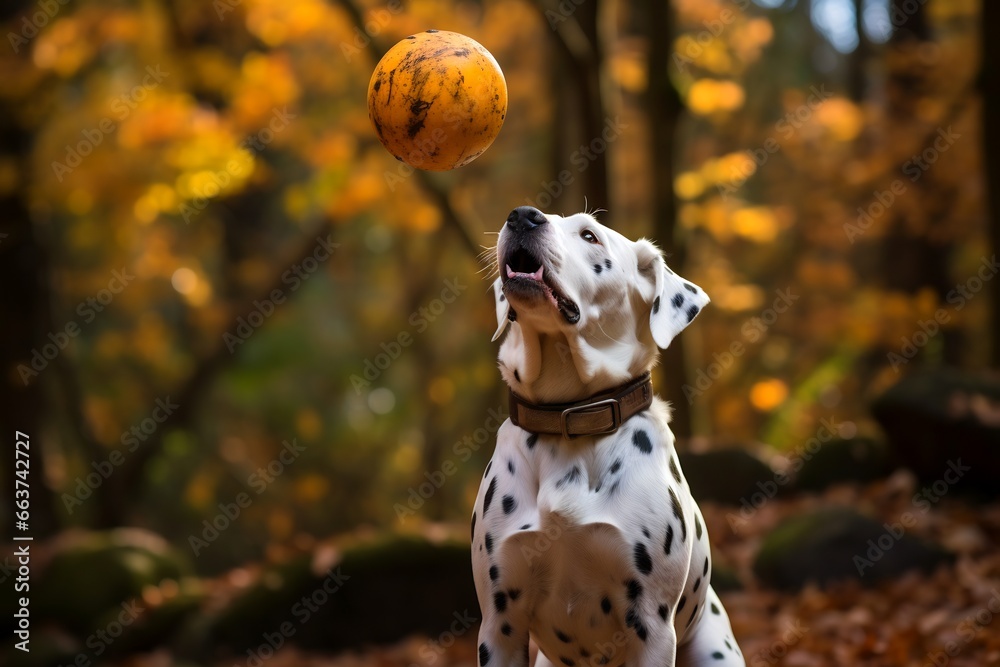 Dalmatian dog playing with ball in the woods.