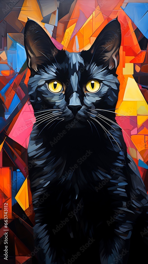 Image of black cat with yellow eyes on colorful background.