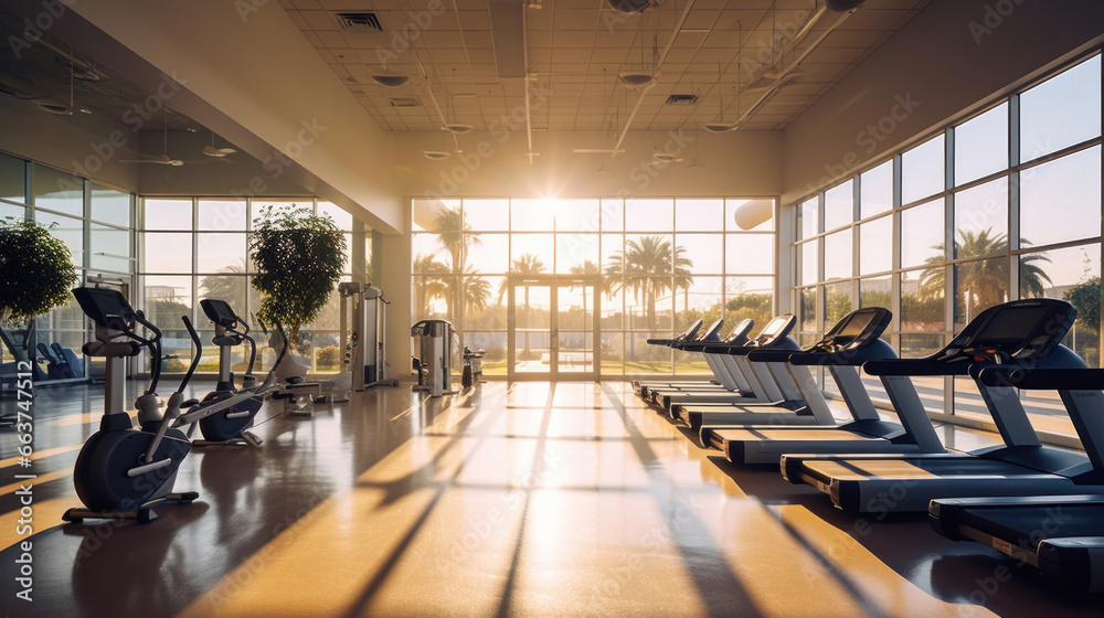 Fitness center gym club with a workout room and treadmills.