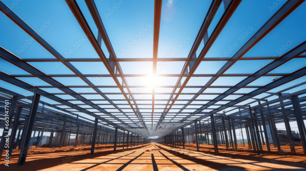 Structure of steel for building under construction in the blue sky.