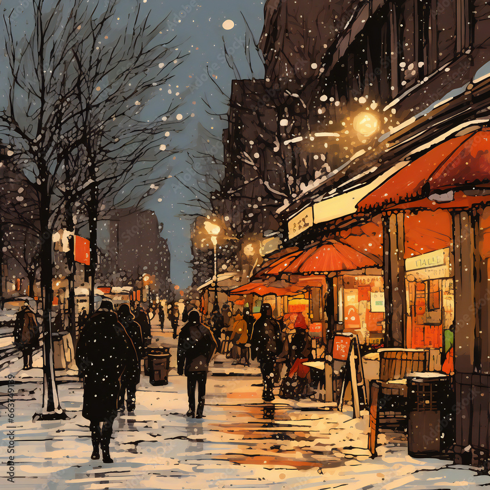 street in the evening, snow falling