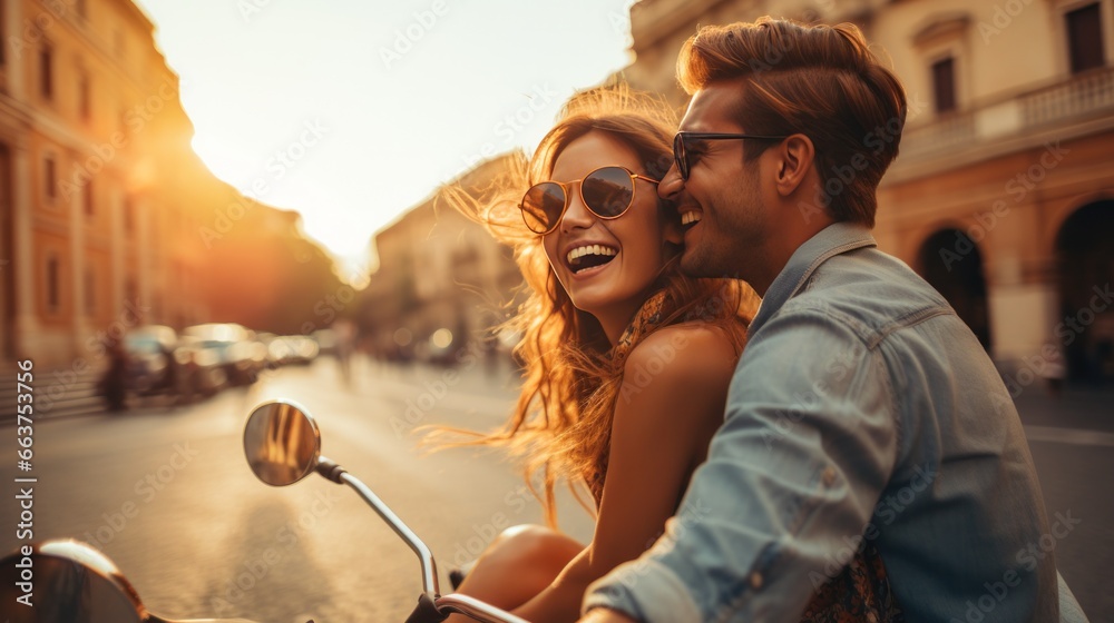 A Stylish Adventure: Young, Beautiful Hipster Couple on a Motorcycle