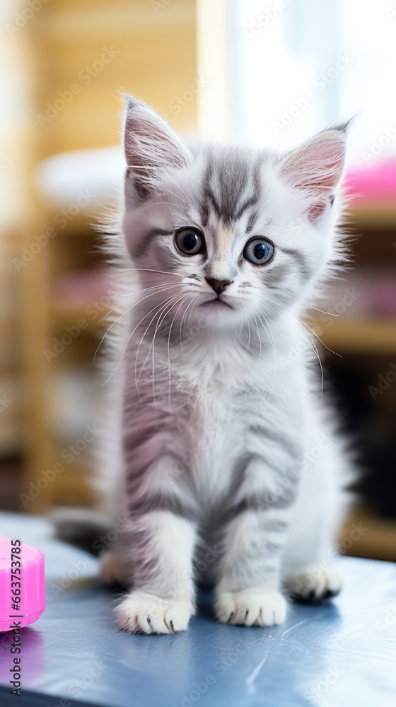 Playful gray kitten being combed with a tiny pink brush