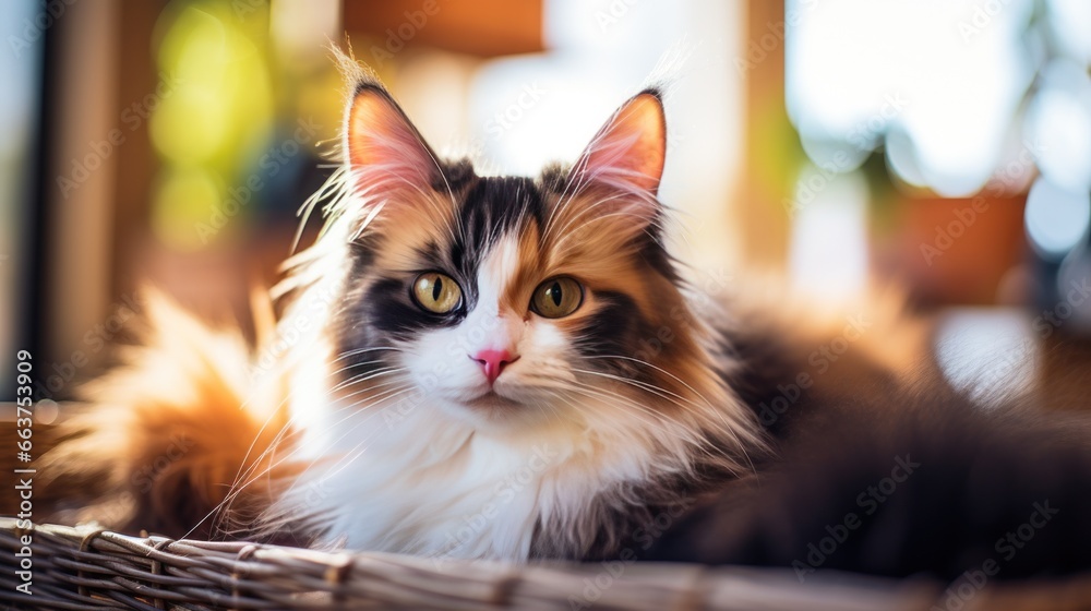 Cute calico cat being combed with a wooden brush in a cozy setting