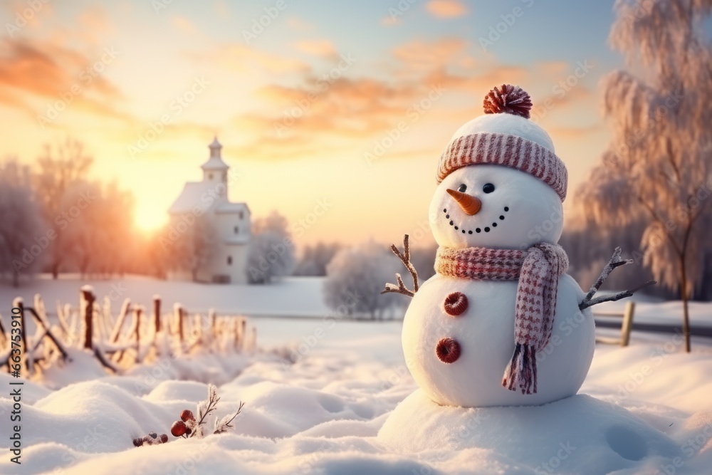 snowman in the background of a winter landscape