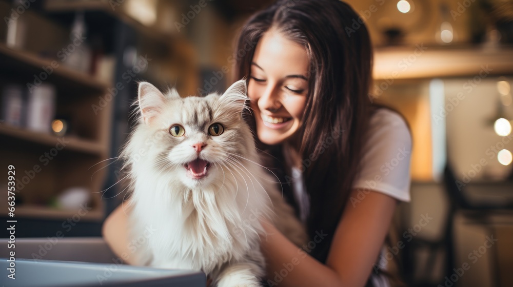 Affectionate long-haired cat enjoying a grooming session