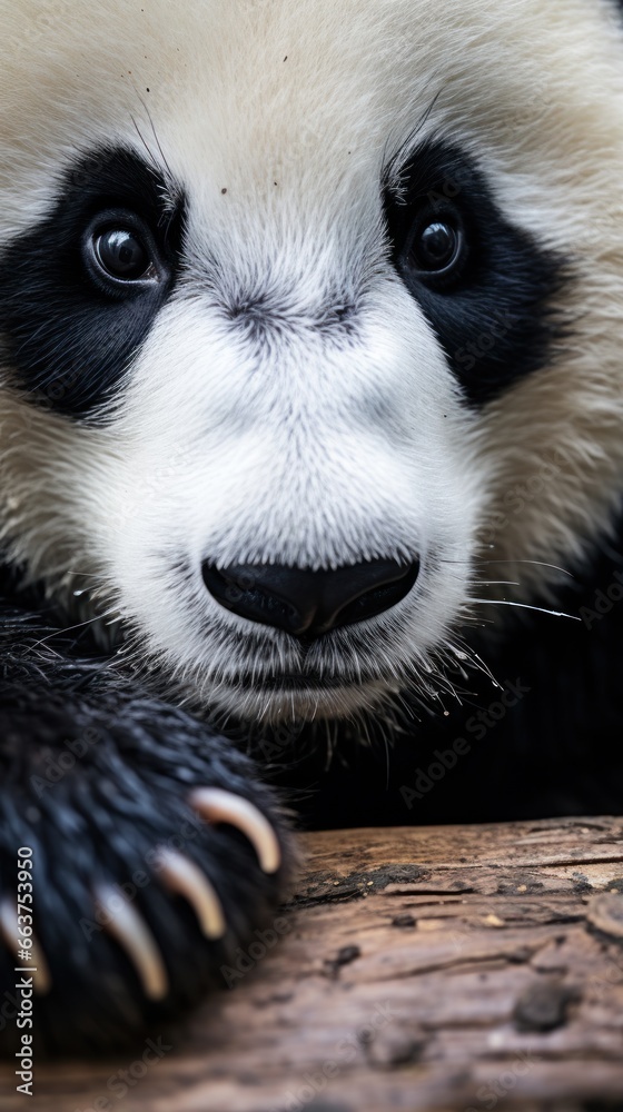 A close-up of a pandas paw with its unique