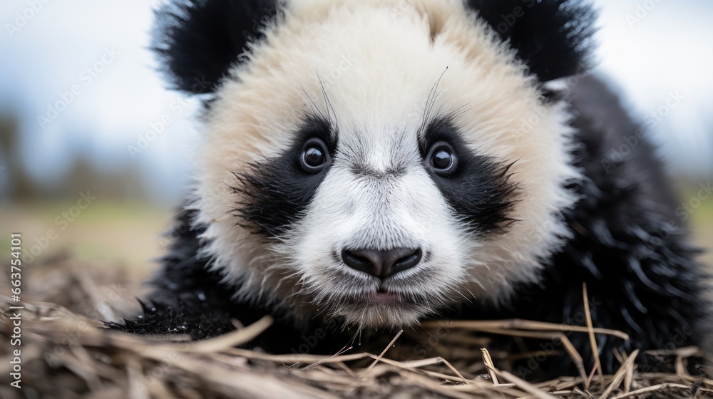 Close-up of a pandas face with adorable black and white