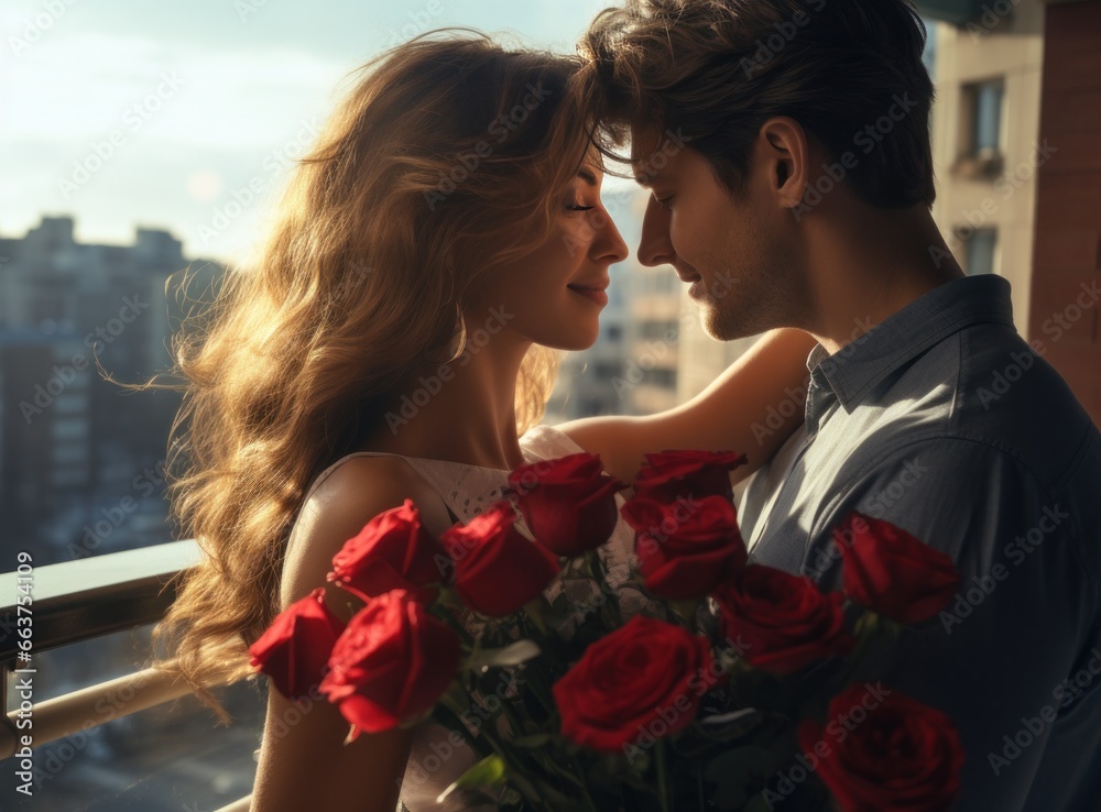 young guy and woman hug while holding roses on the balcony of the city