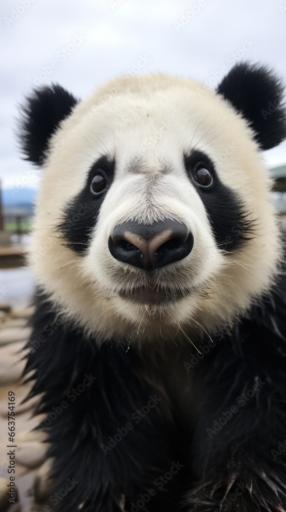 Close-up of a pandas face with adorable black and white