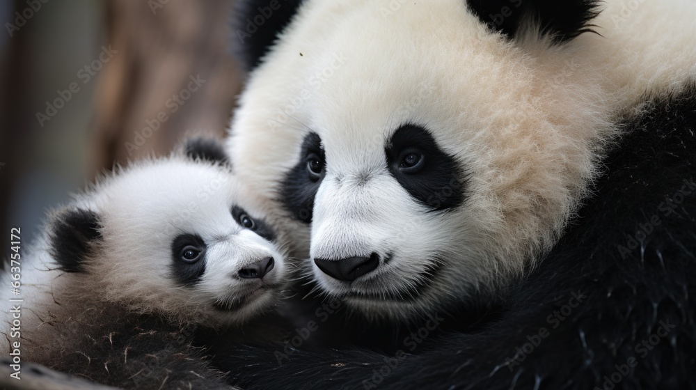 A mother panda and her cub snuggled up together for a nap