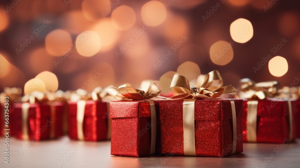 Christmas red gift boxes with gold bow on defocused holiday background with copy space