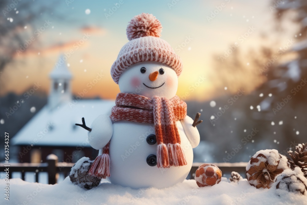 snowman in the background of a winter landscape