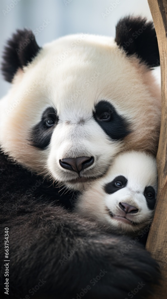 A mother panda and her cub snuggled up together for a nap