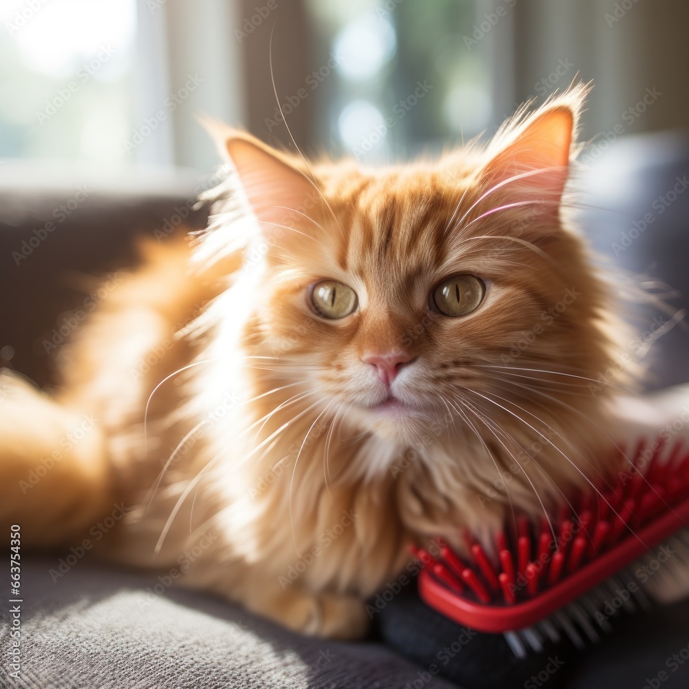 Adorable orange tabby cat being brushed with a red comb